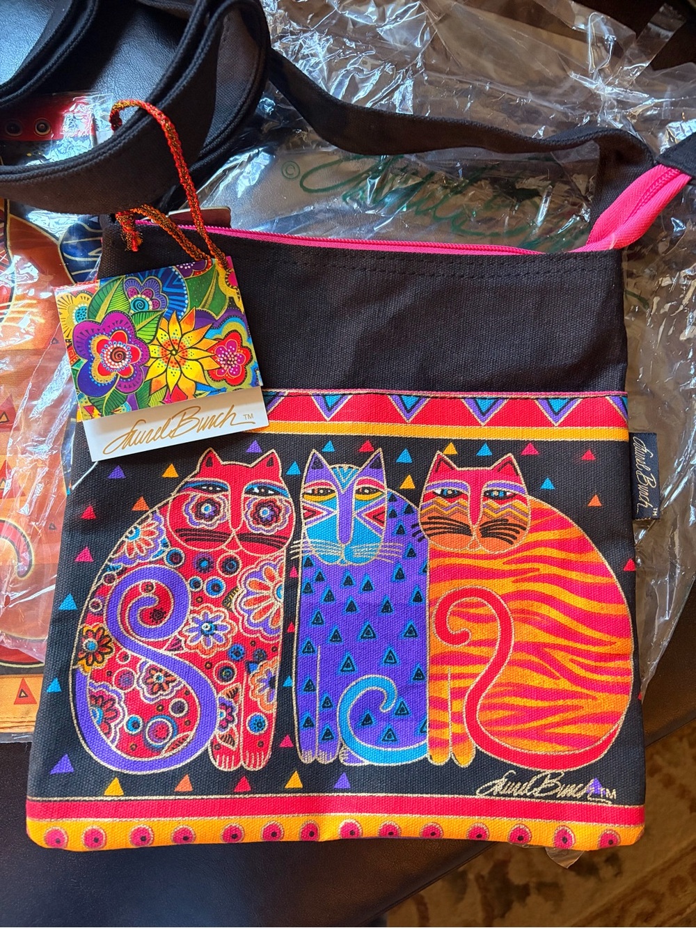 Laurel Burch Multicolor Cat Art Crossbody & Scarf, Matching Set